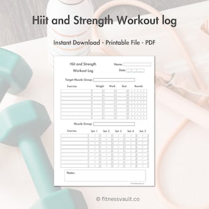 Hiit y entrenamiento de fuerza Registro de entrenamiento Rastreador imprimible Minimalista Fitness Journal Planificador de entrenamiento Registro de fitness Carta A4 Descarga instantánea