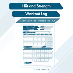 Registro de ejercicios de entrenamiento de Hiit y fuerza Rastreador de objetivos Diario de ejercicios H.I.I.T. Planificador de entrenamiento Fitness Planner A4 Carta Descarga instantánea