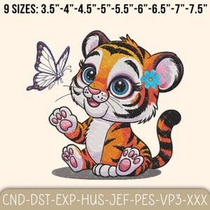 Playful Tiger With Butterfly Embroidery Design, Baby Tiger Embroidery Design, Forest Animal Embroidery Designs, 9 Sizes Instant Download