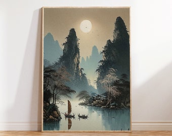 Impression d'art rétro chinois | art chinois vintage | Montagnes & Pins | Impression d'art oriental | Impression chinoise | Art du paysage japonais | Idée cadeau