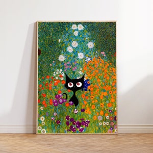 Gustav Klimt Garden Cat Poster, Klimt Flower Cat Print, Black Cat Art, Floral Print, Funny gift, Cat print, Cat Lover, Home decor Poster