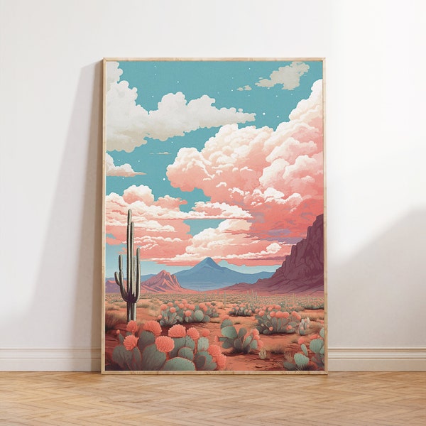 Pink Western Desert Landscape Print | INSTANT DOWNLOAD | Gallery Wall Art | Southwestern Decor | Cactus Art Print | Day Western Wall Art