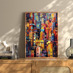 Levendige stadsmuurkunst | Digitale print City Street | Stedelijke muurdecoratie | Abstracte stad afdrukbaar | Afdrukbare kunst voor een moderne sfeer