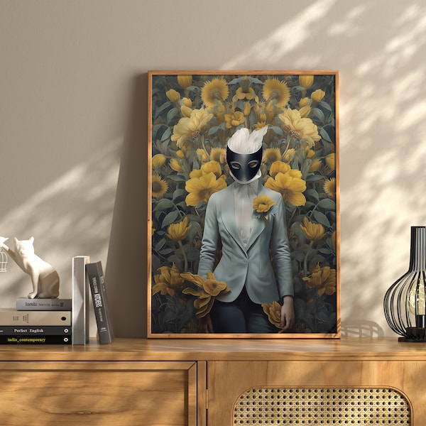 Classic Contemporary Vintage Woman Art Prints | Flower Wall Art Print | Yellow and Black Mask | Colorful Home Decor | Decor for Home