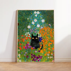 Gustav Klimt tuinkat afdrukbare kunst, Klimt bloemen kat poster, zwarte kat kunst, bloemenprint, grappige kat print, grappig cadeau, Home decor poster
