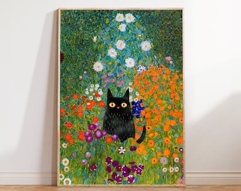 クリムトのガーデンキャットアートプリント：面白い黒猫の花柄ウォール