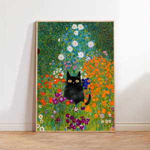 Gustav Klimt Flowers Cat Poster, Klimt Garden Cat Print, Black Cat Art, Floral Print, Funny gift, Funny Cat print, Home decor Poster