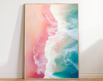 Pink Ocean Wave Print: Modern Coastal Aerial Photography (Digital Download)