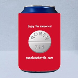 May include: A red can cooler with the text "Enjoy the memories!" and a white pill graphic with "RORER 714" printed on it. The website "quaaludebottle.com" is printed at the bottom.