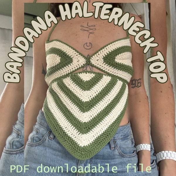 Handmade crochet bandana 70s style summer bikini halterneck top PDF downloadable easy beginner  pattern