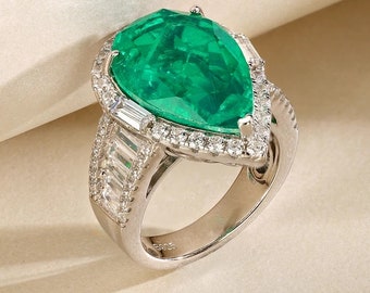 Leaye  Water Drop Stone Ring 925 Sterling Silver Big Emerald Green Rings Size 6,7