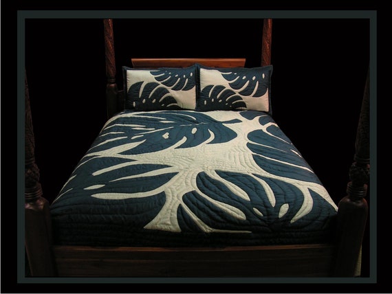 Hand Quilted Hawaiian Bedspread: Monstera Design, Ulu Nui Collection