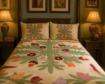 Hand Quilted Hawaiian Bedspread: Tropical Flowers Aloha Quilt