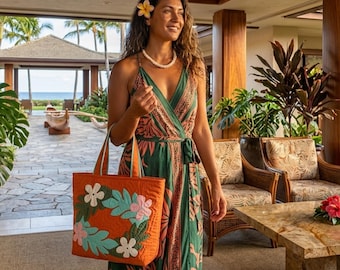 Handmade Quilted Plumeria Tote Bag – Hawaiian Maile Design