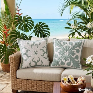 Handmade Hawaiian Quilt Pillow Slip, Ulu Seafoam Green, Polycotton, 12x12 or 18x18 inch