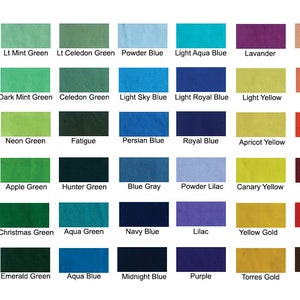 May include: A color chart featuring a variety of hues, including Off White, Powder Pink, and Lt Mint Green. The chart displays a spectrum of colors, from light pastels to deep, saturated tones, with color names listed below each swatch.