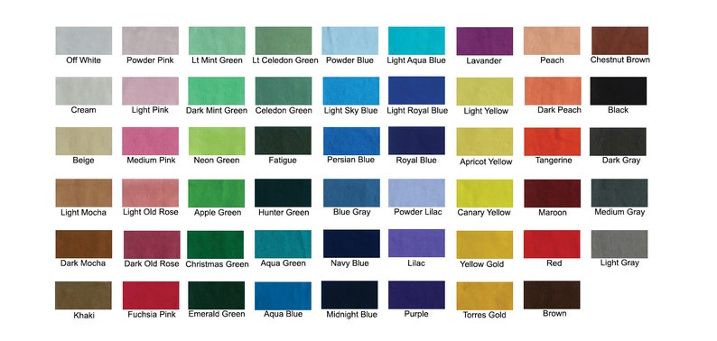 May include: A color chart featuring a variety of hues, including Off White, Powder Pink, and Lt Mint Green. The chart displays a spectrum of colors, from light pastels to deep, saturated tones, with color names listed below each swatch.