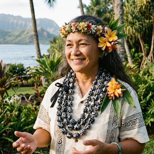 May include: A woman wearing a flower crown, lei, and a cream-colored shirt with a black pattern. The lei is made of black and white beads. A yellow and orange flower is pinned to the shirt. The background includes palm trees and a body of water.