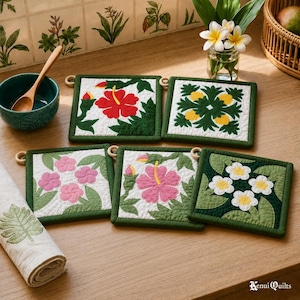 Hand Quilted Tropical Potholders – 8x8 Embroidered Floral Kitchen Hot Pads