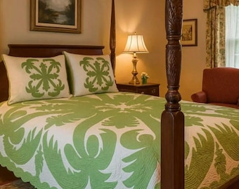 Cocopine Hawaiian Quilt Bedspread | Hand Appliqued & Hand Quilted Bedding | Custom Colors with Shams