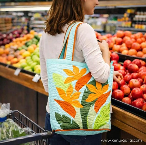 Handmade Quilted Tote Bag: Bird of Paradise Hawaiian Design