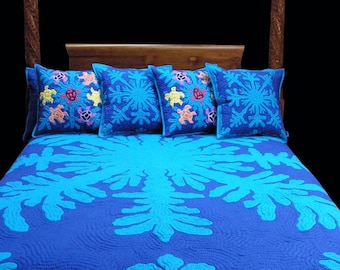 Hand Quilted Ocean Coral Hawaiian Bedspread with Pillow Shams