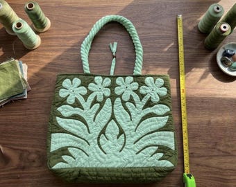 Hand-Quilted Plumeria Mint Tote Bag, Hawaiian Ulu Nui Collection Bag