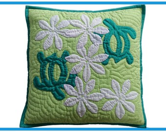 Hawaiian Quilt Pillow Slip: Honu, Tiare & Plumeria - 18&quot;