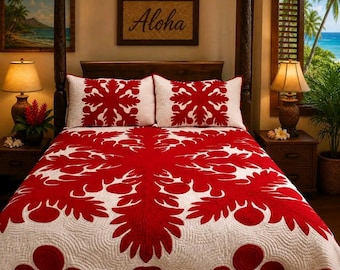 Hand Quilted Hawaiian Bedspread, Ulu Hawaiian Quilt Bedspread