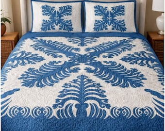 Hand Quilted Hawaiian Bedspread: Silversword Design - light sky blue