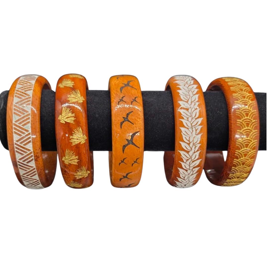 Engraved Koa Wood Bangle Bracelet, Hawaiian Lauhala Iwa Designs