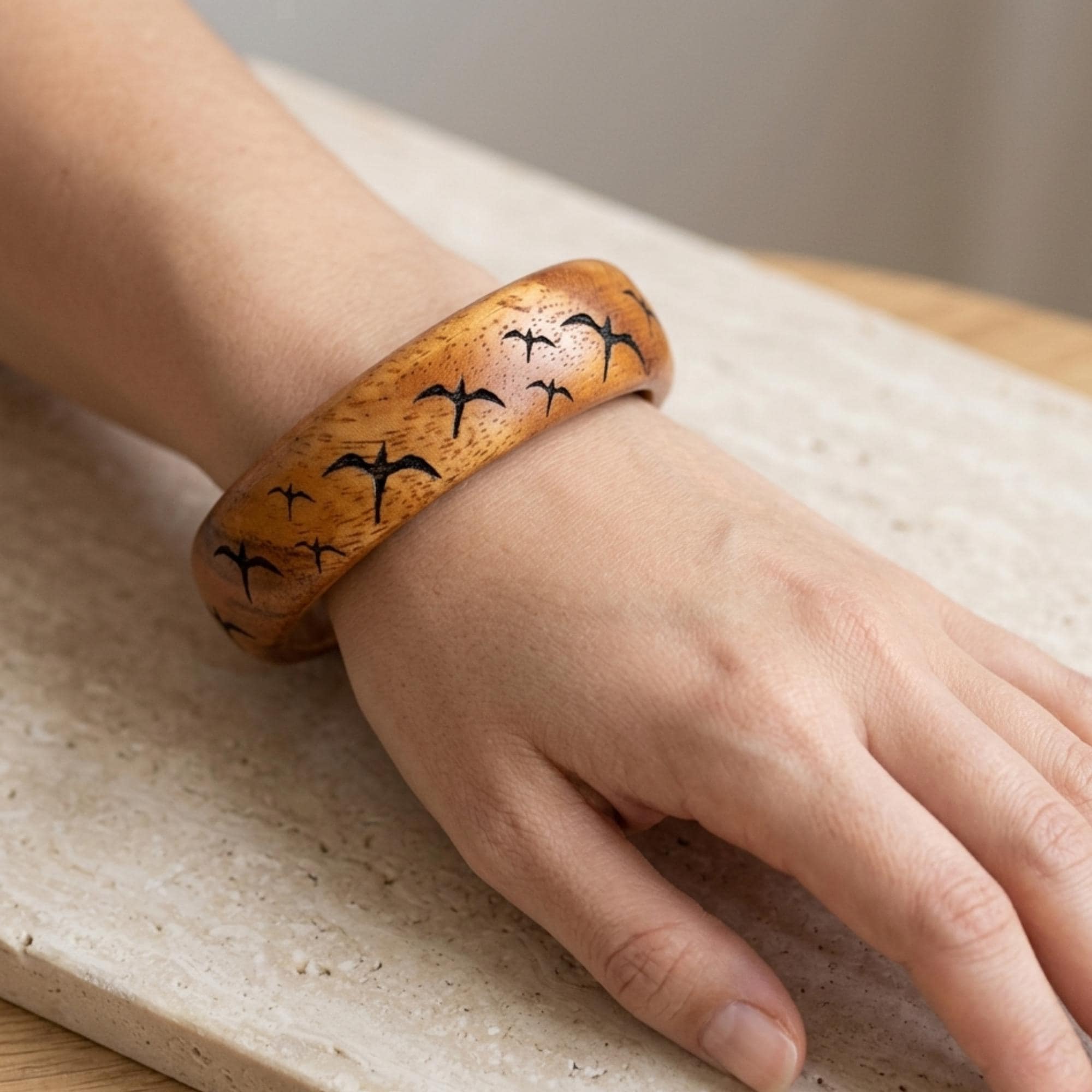 Engraved Koa Wood Bangle Bracelet, Hawaiian Lauhala Iwa Designs
