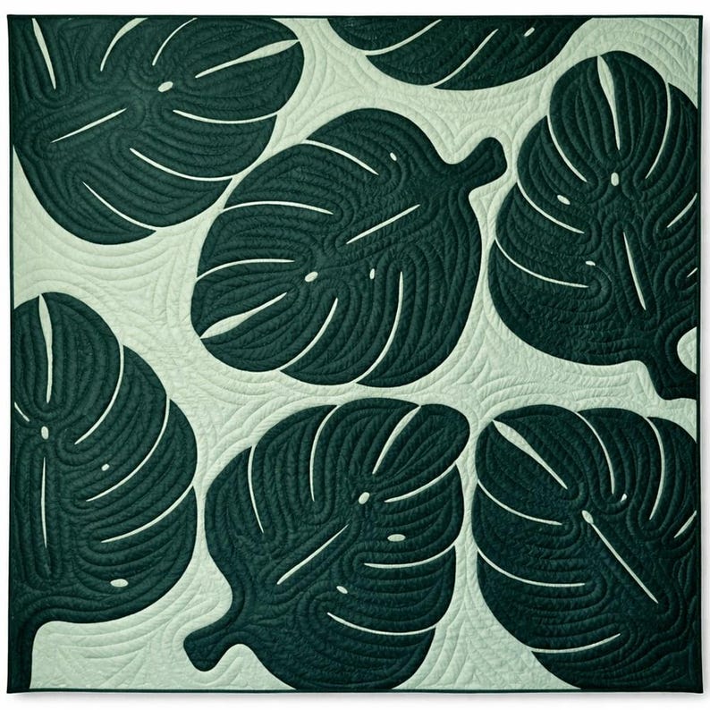 May include: A square quilt featuring a repeating pattern of large, dark green monstera leaves on a light green background. The leaves have detailed veining and are quilted with a swirling pattern. The quilt has a modern, botanical theme.