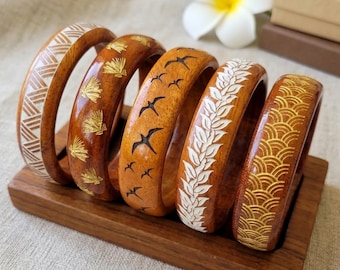 Engraved Koa Wood Bangle Bracelet, Hawaiian Lauhala Iwa Designs