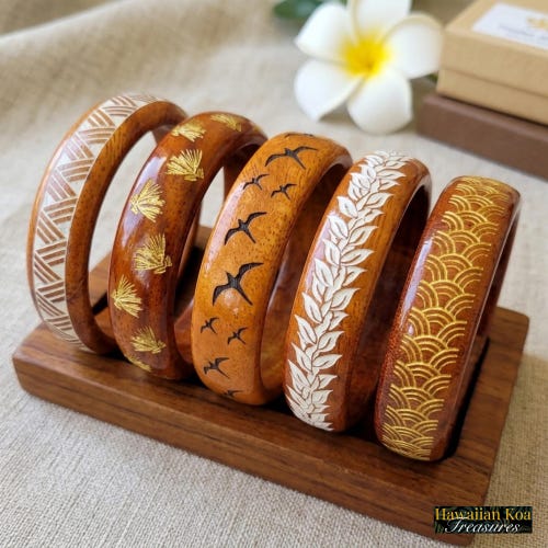 Engraved Koa Wood Bangle Bracelet, Hawaiian Lauhala Iwa Designs
