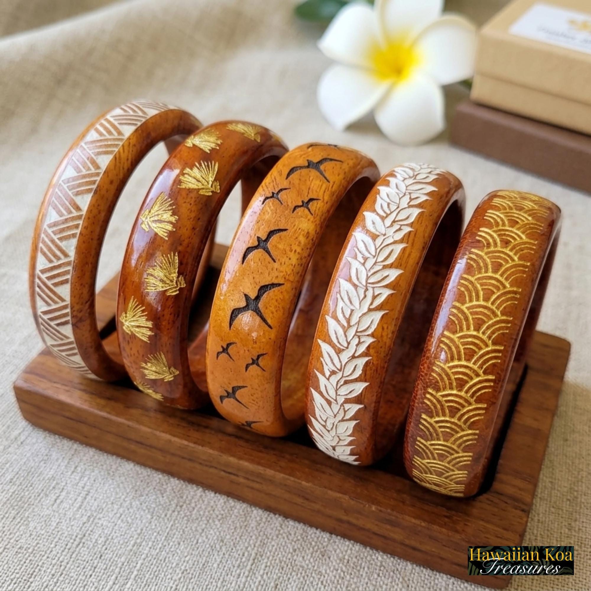 Engraved Koa Wood Bangle Bracelet, Hawaiian Lauhala Iwa Designs Engraved Koa Wood Bangle Bracelet, Hawaiian Lauhala Iwa Designs
