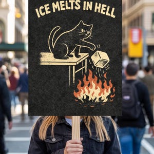 Op de afbeelding: Een zwart bord met de tekst "ICE MELTS IN HELL" en een cartoonkat die een ijsblokje in vlammen duwt. Het bord wordt vastgehouden door een persoon in een zwarte jas in een stedelijke omgeving.