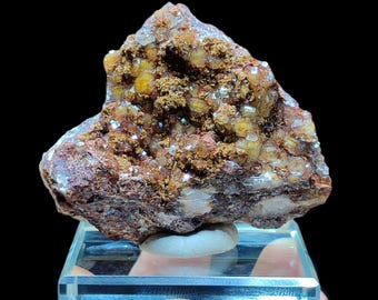 May include: A natural mineral specimen featuring a cluster of small, sparkling, yellow-orange crystals atop a reddish-brown matrix. The mineral sits on a clear acrylic display stand against a black background. The crystals have a rough, textured appearance.