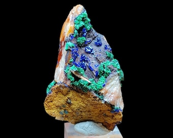 Flor de azurita con malaquita sobre barita / Sidi Ayad, Midelt, Marruecos / 5,5×3,5×3 cm / 66 g / Raro ejemplar mineral azul verdoso