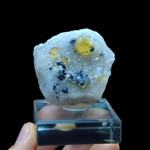 Yellow Fluorite with Galena on Quartz - 6x5x5 cm - Rare Moroccan Mineral Specimen