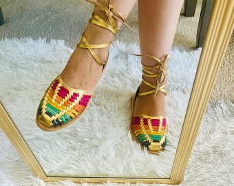 Mexican Huarache Sandals - Boho- Hippie - Vintage - Mexican - Leather - Lace Shoes - Handmade - Gift for her - Gift for mom - Lace shoes