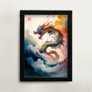 Printable Chinese watercolor painting of dragon art Asian art digital download art wall art office decor home decor digital art