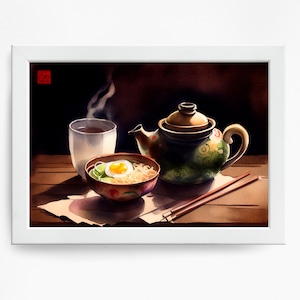 Aquarelle chinoise imprimable téléchargement numérique de soupe de thé et de ramen Art asiatique Décoration asiatique pour le bureau Art chinois art ramen
