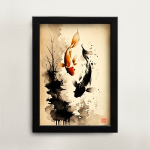 Printable Chinese watercolor painting koi fish goldfish wall art digital download Asian art home décor for office Chinese painting koi art