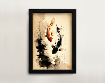 Druckbares chinesisches Aquarell Gemälde Koi Fisch Goldfisch Wandkunst digitaler download Asiatische Kunst Wohnkultur für Büro chinesische Malerei Koi Kunst