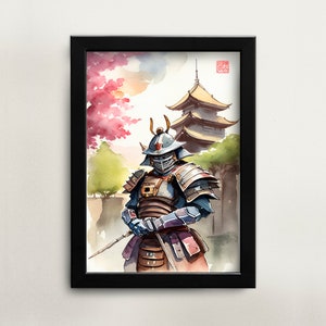 Printable Japanese watercolor painting Samurai wall art digital download Asian art home décor for office Japanese painting of Samurai art