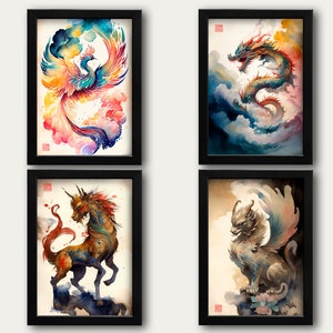 Printable Chinese Mythology set of four watercolor paintings dragon phoenix xilin pixiu wall art digital download Asian art Asian home décor