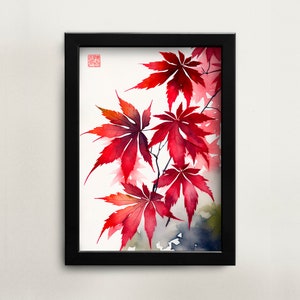 Printable Japanese watercolor painting Japanese Maple wall art digital download Asian art Asian home décor for office Japanese digital art