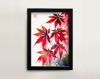 Printable Japanese watercolor painting Japanese Maple wall art digital download Asian art Asian home décor for office Japanese digital art