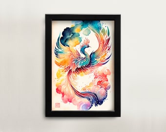 Printable Chinese watercolor painting phoenix wall art digital download Asian art Asian home décor for office Chinese painting digital art